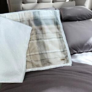 UGG King Plaid Pillowcase Sham Tan Gray Plush Sherpa Faux Fur Zipper Closure